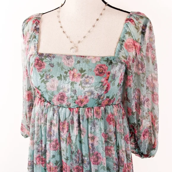 🦋LAST🦋 NWT Storia Teal Floral Baby Doll Midi Dress - Picture 4 of 5